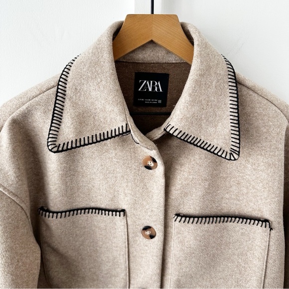 ZARA tan Whipstitch Embroidered Longline Collared Shirt Jacket - Picture 3 of 6